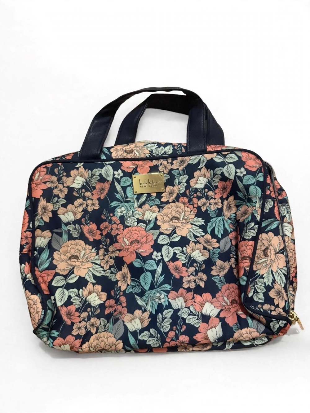 Floral Navy Travel Cosmetic Bag with Top Handles